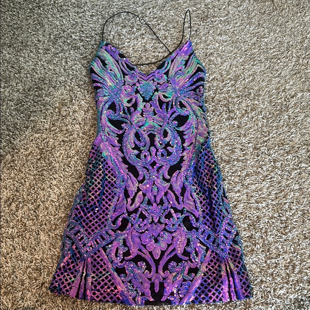 Purple and Black Bodycon Mini Dress with Spaghetti Straps